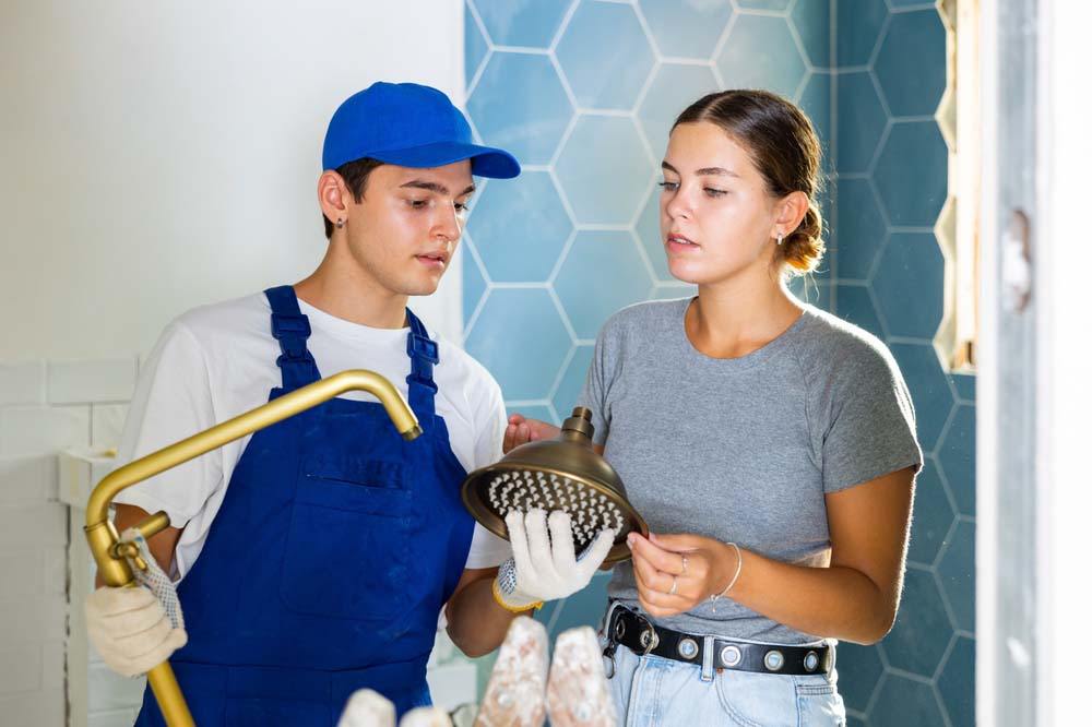 homeowner talking with a plumber