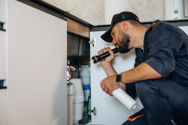 plumber inspecting under sink water filter